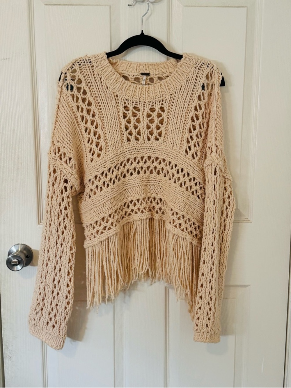 Free People Higher Love Crochet Fringe Sweater Boho Cream Open Knit Festival XS - Picture 2 of 9